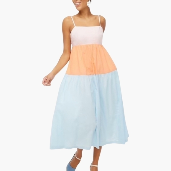 New! J. Crew Colorblock Tie Back Tiered Cotton Spaghetti Strap Maxi Dress - Picture 2 of 15